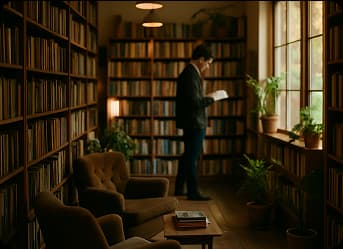 Cozy library with a person reading