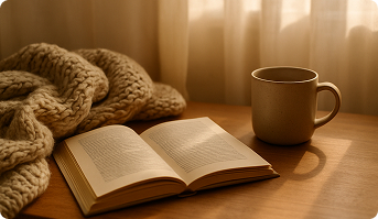 A book, sweater and a cup